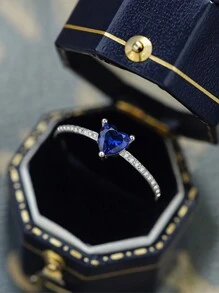 Nhẫn trái tim pha lê xanh bạc Sterling S925 Châu Âu & Mỹ sang trọng, Quà tặng đính hôn, tiệc tùng, trang phục hàng ngày, trang sức cô dâu cho phụ nữ - Kiểu hộp ngẫu nhiên - nhẫn cưới tình yêu - Xem 2