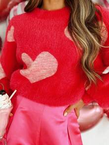 心形图案圆领毛衣，秋冬新品 - 粉色 - 查看 3