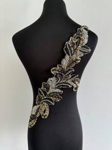 1 Piece Handmade Faux Pearl Wedding Dress Sewing Beaded Lace Patch Sparkly Yellow Sewn Sequins Crystal Beaded Tight Accessory DIY Embellished Dress - Black - View 7