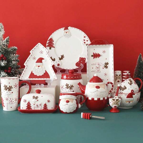 Conjunto de vajilla navideña con cuencos y platos con estampado de Papá Noel en estilo nórdico, incluyendo tarros sellados emborrados para especias, platos planos cerámicos occidentales y tazas. Juego de vajilla para regalo de Navidad, decoración del hogar y la cocina.