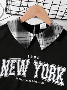 Tween Girl 2 件套时尚字母印花翻领针织长袖上衣 + 松紧腰格子裙套装，春秋季，Tween Girl 休闲运动户外服装