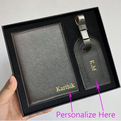 Customized Letter Set, Unisex PU Leather Passport Holder And Luggage Tag Gift Box Set, Personalized Embossed Passport Cover And Luggage Tag Set For Men And Women, With Gift Box, Travel Accessories, Customized Letter Passport Holder And Luggage Tag For Women, Portable, Suitable For Vacation/Travel, School, High School, College, Freshman, Sophomore, Lower Grade Students, Customized Passport Holder, Casual Street Fashion
