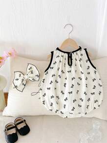 1pc Baby Girls Casual Sleeveless Bodysuit With Butterfly Print & Headband, Summer - White - View 2