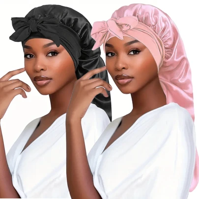 2pcs Solid Color Bowknot Braid Bonnet Classic Long Satin Bonnets Soft Sleeping Night Cap Breathable Hair Bonnets For Women Girls