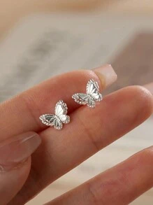 1對少女可愛蝴蝶造型耳環/耳釘，亮粉紅色和藍色 - 銀色 - 查看 3