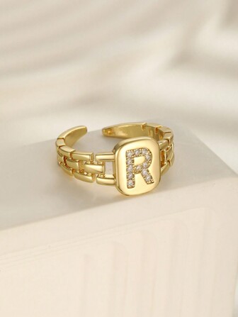 1pc Delicate Fashionable Pave Zirconia Initial Letter Detail Square Ring For Boys Girls Street Accessory Gift For Daily Life Fine Jewelry