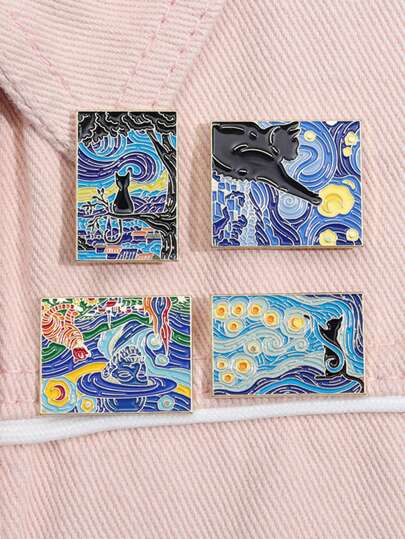 4 piezas Pines esmaltados de pintura al óleo de Van Gogh personalizados Insignias de broche de solapa Noche estrellada Gatos Regalo de joyería artística divertida de animales para mujeres y amigos