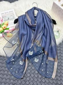 1条优雅秋冬女士仿丝围巾，蝴蝶刺绣，手工串珠，时尚轻薄保暖披肩配饰 - 釘蝴蝶珍珠長絲巾 - 查看 22