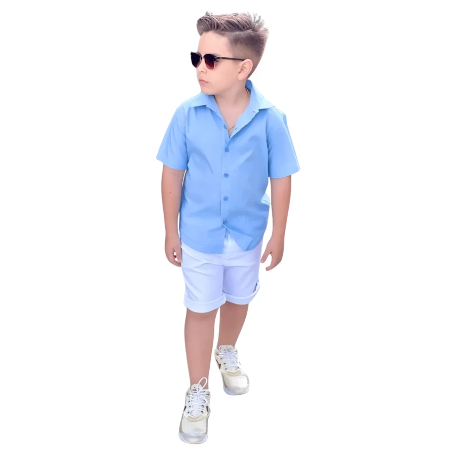 Children's Social Clothing For Boys - Short Sleeve - Blue With White - 藍白色 - 查看 1