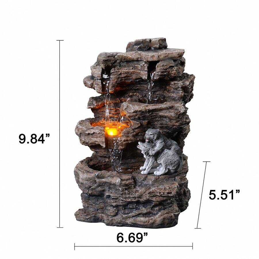 Desktop Wolf Pup Fountain, Natural River Rock Tabletop Fountain With Peaceful Waterfall Sound
