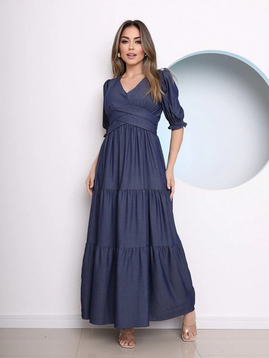 Long Luxury Denim Short Sleeve Dress - 深色水洗藍 - 查看 1