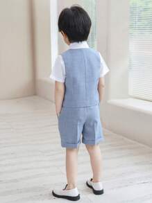 4 件套蓝色男孩西装套装，适合学校、婚礼、派对 - 包括双排扣背心、松紧腰短裤、白色短袖衬衫和配套领带，夏季绅士装 - 藍色 - 查看 6
