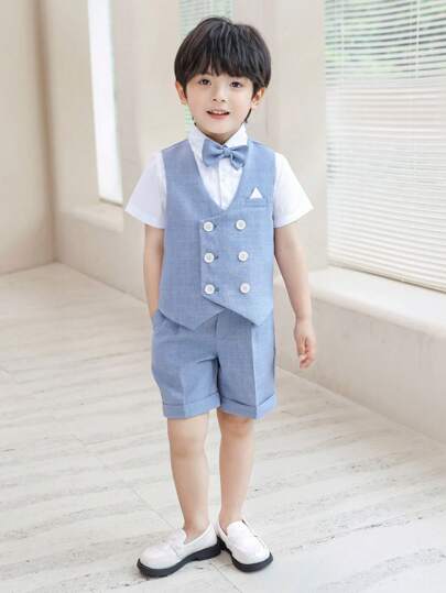 4 件套蓝色男孩西装套装，适合学校、婚礼、派对 - 包括双排扣背心、松紧腰短裤、白色短袖衬衫和配套领带，夏季绅士装