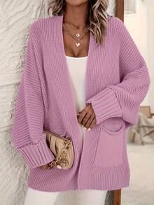 Women Plain Minimalist Knitted Long Sleeve Cardigan - Dusty Pink - View 3