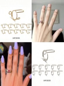 10pcs Gold/Silver Tone Fashion Metal Nail Rings, Detachable Design For Nail Art Decoration - Multicolor - View 2