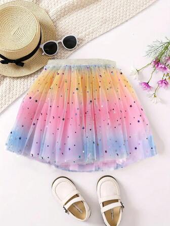 Young Girl Rainbow Tulle Tutu Skirt, Children's Star & Moon Sequin Dance Costume Skirt For Party & Stage Performance