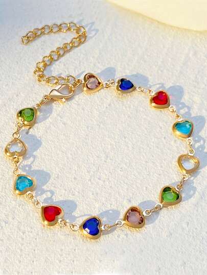 1 chiếc vòng tay Zirconia hình trái tim nhiều màu sắc, phong cách cá nhân phù hợp cho các cô gái đeo hàng ngày và du lịch