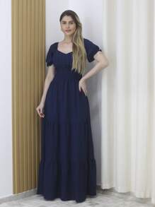 Women's Long, Short-Sleeved Dress With Lining And Dune Fabric (Polyester) - Maxma 8410 - Navy Blue - View 1