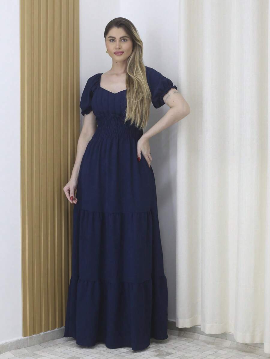 Women's Long, Short-Sleeved Dress With Lining And Dune Fabric (Polyester) - Maxma 8410 - Navy Blue - View 1