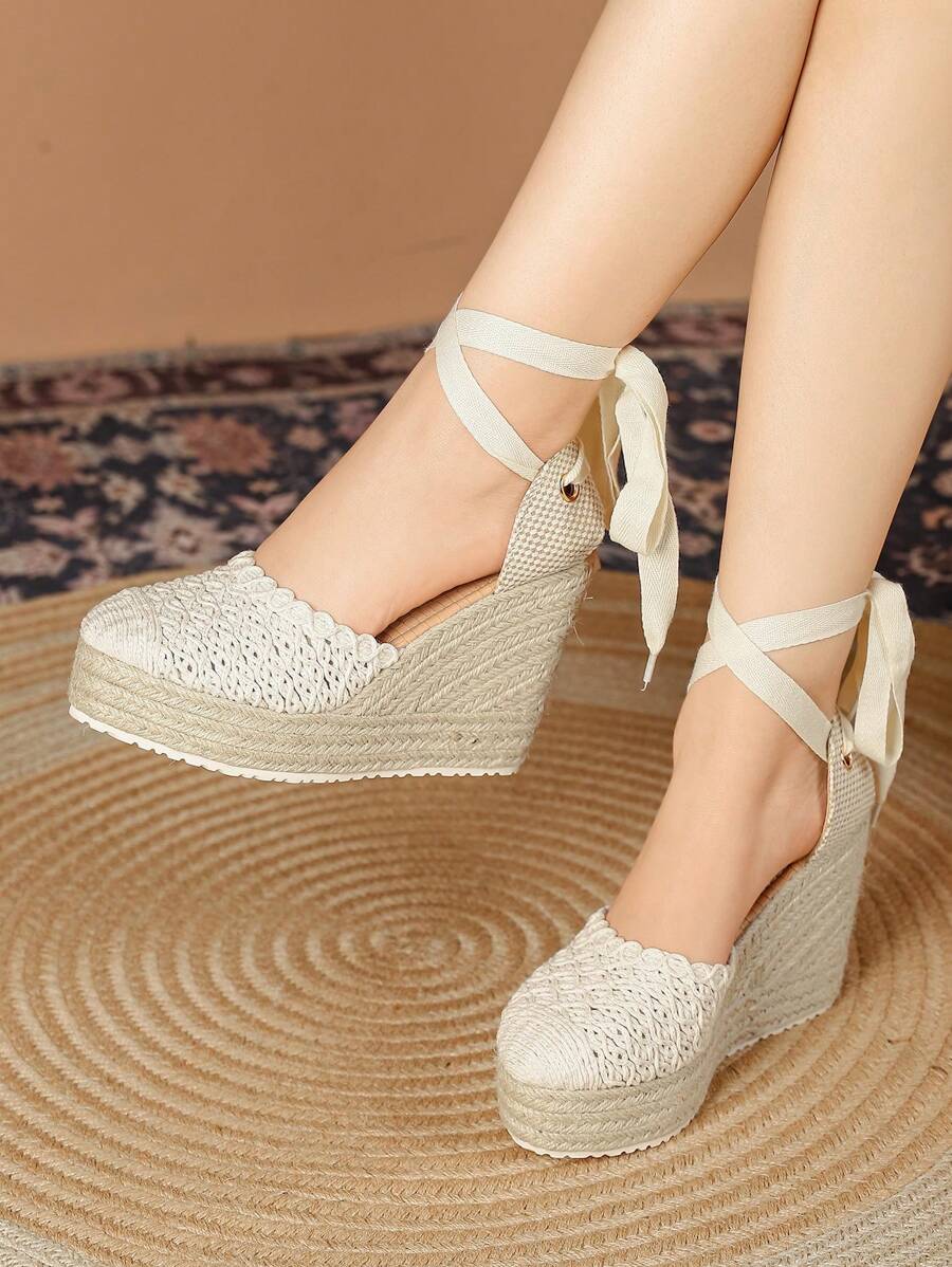 Ladies' Platform Wedge Sandals, Woven Sole Casual Elegant Ladies' Flats, Available In White, Black, Red, Gold, Green, Yellow - Apricot - View 1