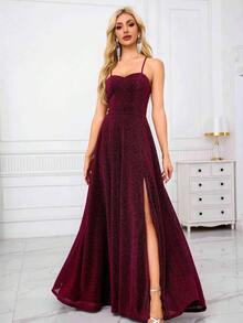 Đầm xòe cổ chữ V, eo cao, hở lưng, buộc dây, thích hợp cho nữ dự tiệc mùa hè thanh lịch - Màu đỏ tím - Xem 2