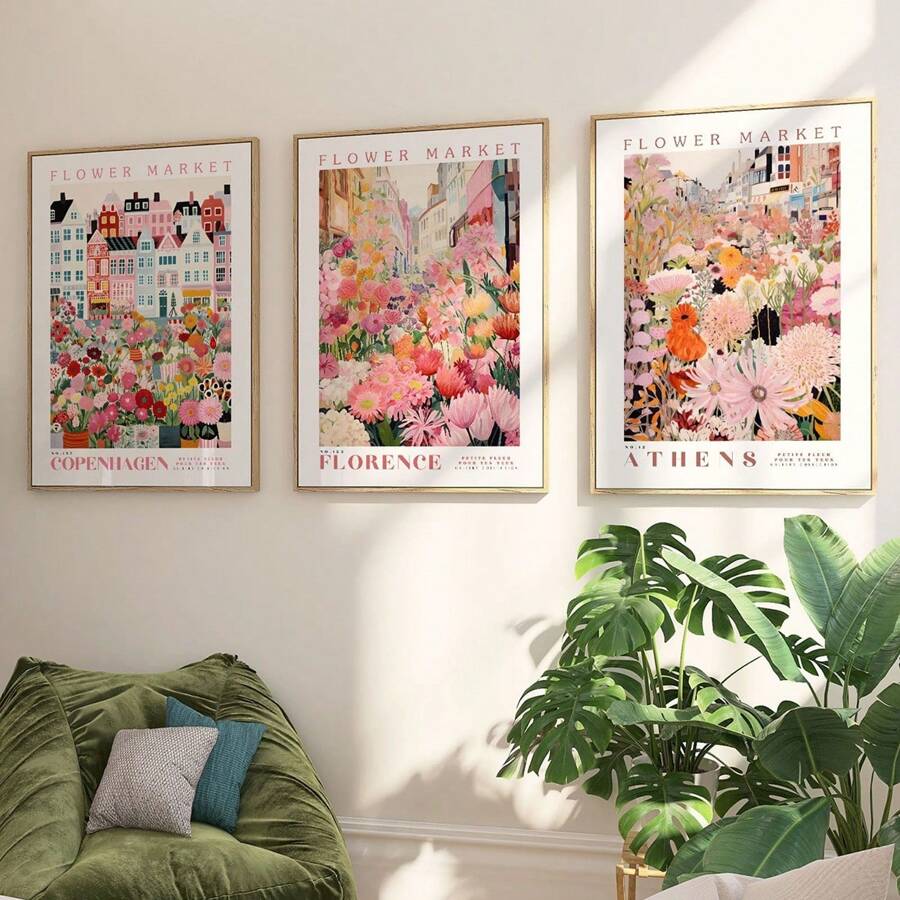 3 cái/bộ Bộ áp phích chợ hoa, Gói nghệ thuật treo tường, Nghệ thuật treo tường thực vật, Áp phích thực vật, Áp phích hoa hồng, Bộ tranh treo tường, Trang trí tường bằng vải canvas, Món quà lý tưởng cho hành lang phòng ngủ - Nhiều màu - Xem 1