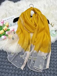 1条优雅秋冬女士仿丝围巾，蝴蝶刺绣，手工串珠，时尚轻薄保暖披肩配饰 - 釘蝴蝶珍珠長絲巾 - 查看 15