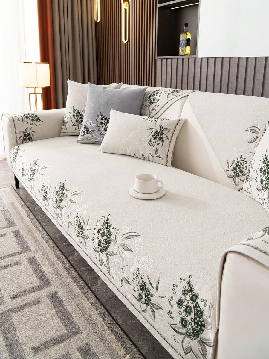 1pc Chenille Flower Embroidered Sofa Cushion, Simple And Elegant Color