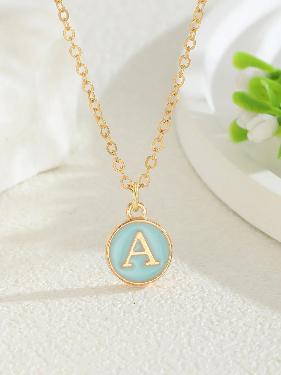 5-Color Classic Fashion Petite Delicate Letter Round Pendant Necklace, Suitable For Children, Popular For Party, Street, Summer Beach Holiday And Daily Wear - Blue - View 1