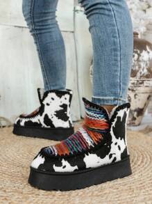 Bohemian Platform Western Cow Print Snow Boots For Women – Stylish And Cozy Winter Footwear