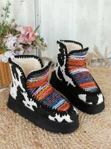 Bohemian Platform Western Cow Print Snow Boots For Women – Stylish And Cozy Winter Footwear