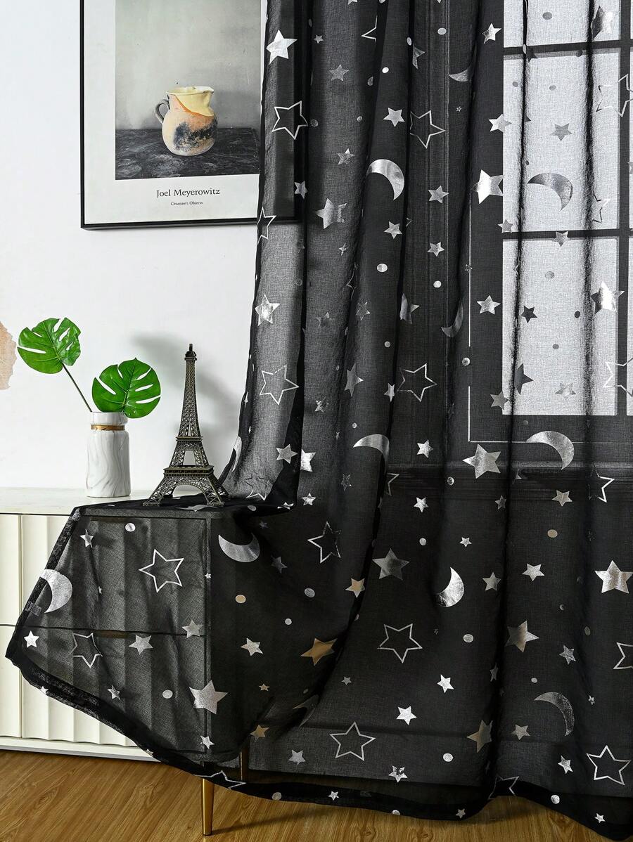 1pc Lightweight Silver Heat Transfer Star And Moon Window Curtain - Black - View 1