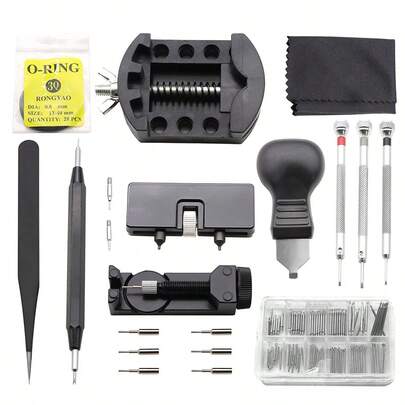 手錶維修套件，適用於更換手錶電池、卸下和調整手錶表鏈、手錶開蓋、手錶螺絲刀套件、手錶扳手，清潔劑，彈簧棒工具