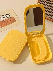 Espejo compacto con forma de galleta de dibujo animado con peine a juego, espejo de maquillaje portátil y plegable para retoques de maquillaje diarios - Multicolor - Ver 2