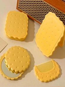 Espejo compacto con forma de galleta de dibujo animado con peine a juego, espejo de maquillaje portátil y plegable para retoques de maquillaje diarios - Multicolor - Ver 6