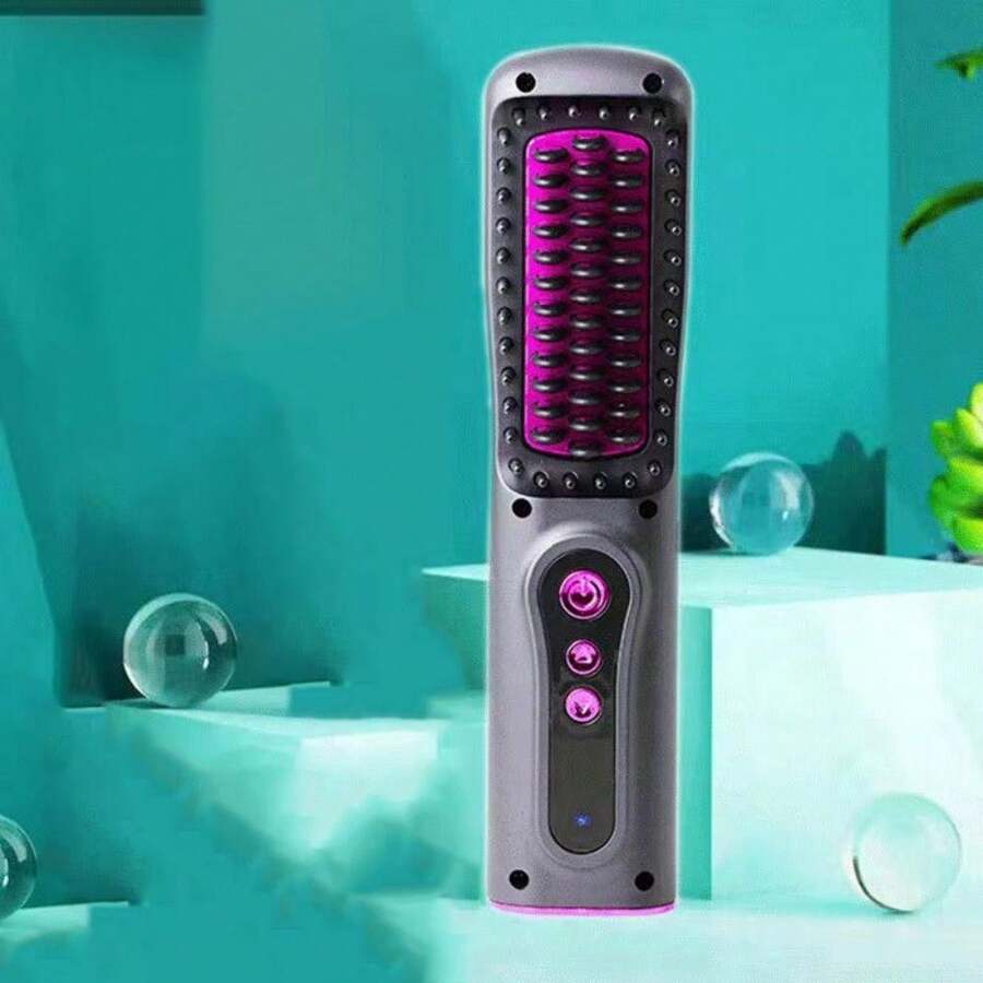 Hair Straightener Brush, Negative Ion Hair Straightener Styling Comb, 3 Temp, Effective Hair Care, Fast Heating, Rechargeable Battery Operated Travel Size For Women - 灰色 - 查看 1