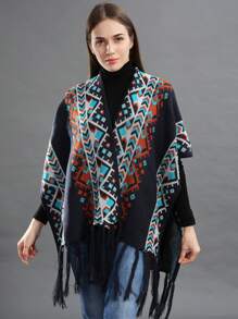 波西米亚风 1 件装女式流苏斗篷披肩，波西米亚风针织加厚保暖长斗篷带流苏围巾配饰女式 - 黑色 - 查看 2