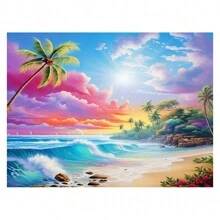 1 قطعة لوحة الماس 5D اصنعها بنفسك مناظر شاطئ البحر وشجرة جوز الهند المكتملة مربع أو دائري تجميع الماس شلال المشهد الجبلي للبالغين مناسب للمبتدئين ديكور المنزل