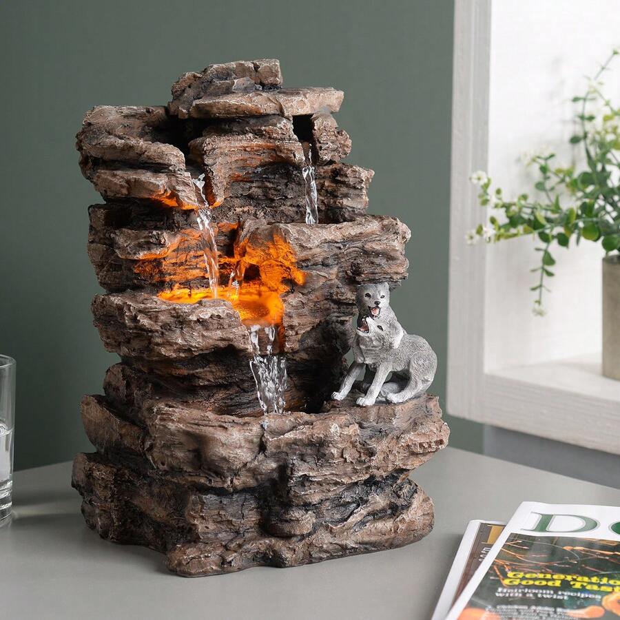 Desktop Wolf Pup Fountain, Natural River Rock Tabletop Fountain With Peaceful Waterfall Sound