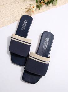 Women's Sandals, Blue Woven Ribbed Sandals, Flat Square Toe Slip-On Flip Flops, Suitable For Daily Casual, Walking Or Vacation - Navy Blue - View 6