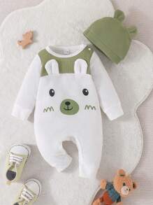 男婴长袖连体衣，可爱卡通印花，带帽子 - 綠色 - 查看 1