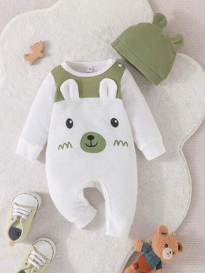 男婴长袖连体衣，可爱卡通印花，带帽子