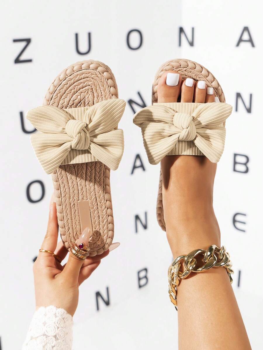 夏季女士时尚米色沙滩大码凉鞋，露趾，户外休闲度假风格，甜美可爱蝴蝶结装饰鞋 - 米色 - 查看 1