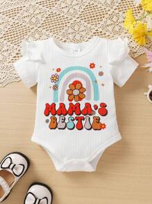 3pcs Baby Girls' Elegant Sweet Letter, Rainbow & Floral Print Ruffle Bodysuit, Shorts And Headband Set For Casual, Daily Wear, Vacation And Party