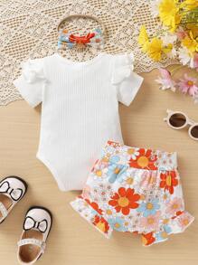 3pcs Baby Girls' Elegant Sweet Letter, Rainbow & Floral Print Ruffle Bodysuit, Shorts And Headband Set For Casual, Daily Wear, Vacation And Party