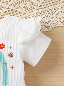 3pcs Baby Girls' Elegant Sweet Letter, Rainbow & Floral Print Ruffle Bodysuit, Shorts And Headband Set For Casual, Daily Wear, Vacation And Party