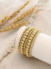 7pcs Elastic Handmade Beaded Bracelet Set, Universal Design With CCB Round Beads - Gold - View 3