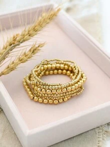 7pcs Elastic Handmade Beaded Bracelet Set, Universal Design With CCB Round Beads - Gold - View 4
