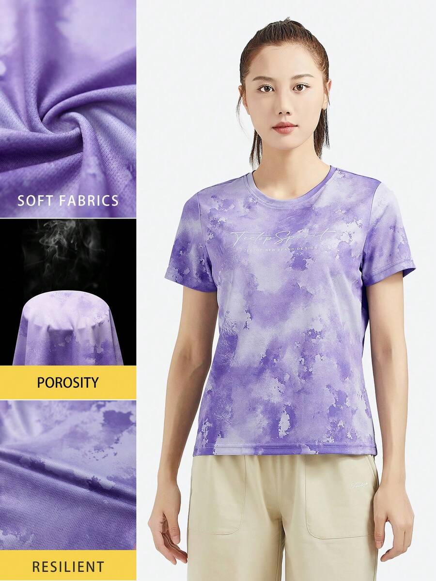TECTOP Camisetas para mujeres de secado rápido, cuello redondo, teñido anudado, atléticas, para entrenamiento, de ajuste seco, rendimiento deportivo, absorción de humedad, top de running, gimnasio, atlético - Morado - Ver 1