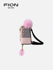 FION X Little Monster Leather Backpack Daily Bag Fashion Compact Shoulder Bag Cute Decor With Furry Hair And Feet,Pink
